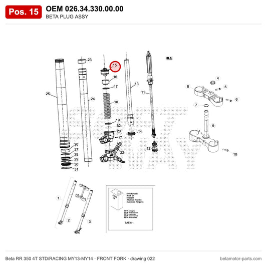BETA PLUG ASSY – OEM 026.34.330.00.00, position 15 on the Beta RR 350 4T STD/RACING MY13-MY14 front fork drawing
