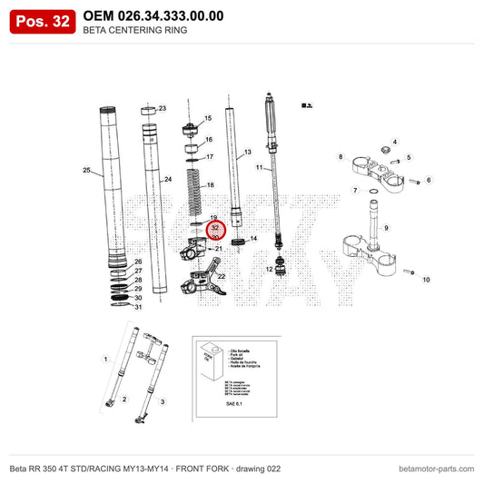 BETA CENTERING RING – OEM 026.34.333.00.00, position 32 on the Beta RR 350 4T STD/RACING MY13-MY14 front fork drawing