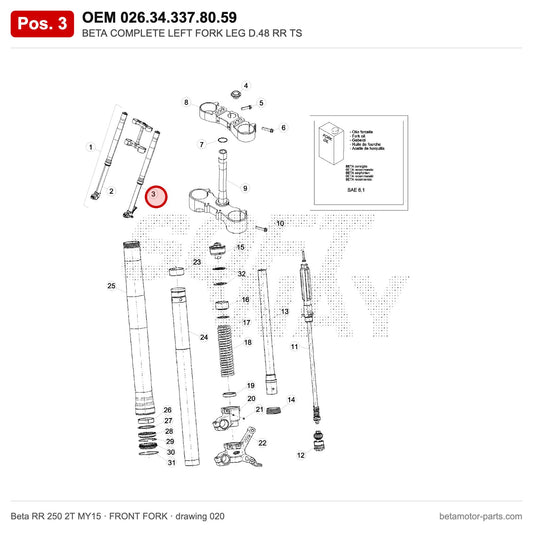 BETA COMPLETE LEFT FORK LEG D.48 RR TS – OEM 026.34.337.80.59, position 3 on the Beta RR 250 2T MY15 front fork drawing