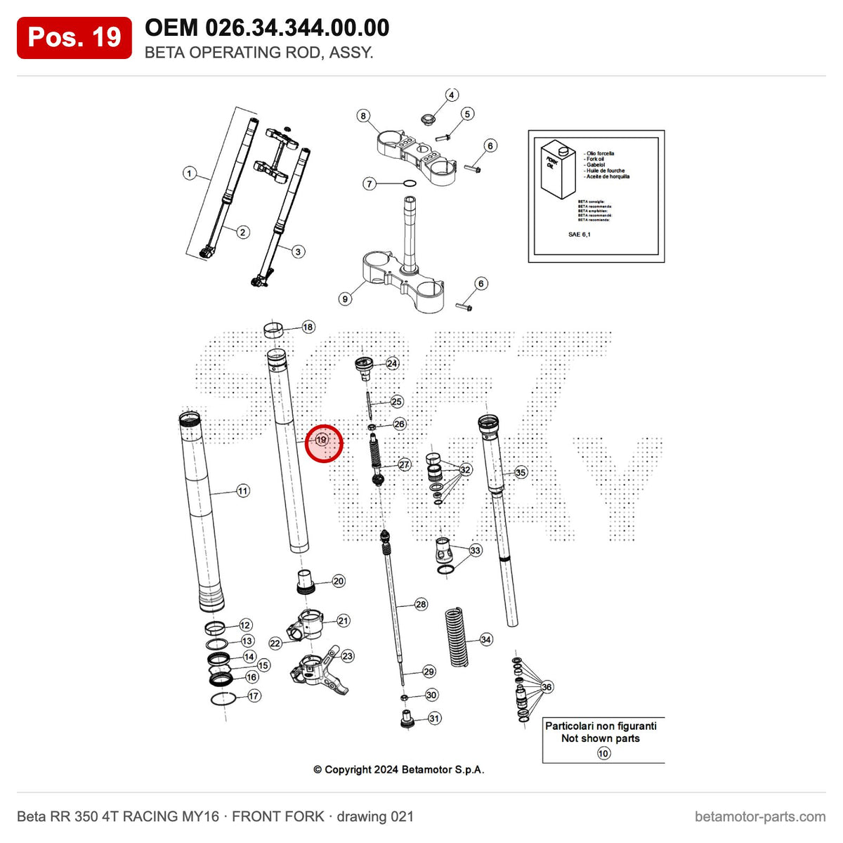 BETA OPERATING ROD, ASSY. – OEM 026.34.344.00.00, position 19 on the Beta RR 350 4T RACING MY16 front fork drawing