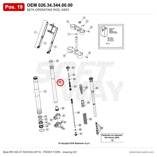 BETA OPERATING ROD, ASSY. – OEM 026.34.344.00.00, position 19 on the Beta RR 350 4T RACING MY16 front fork drawing
