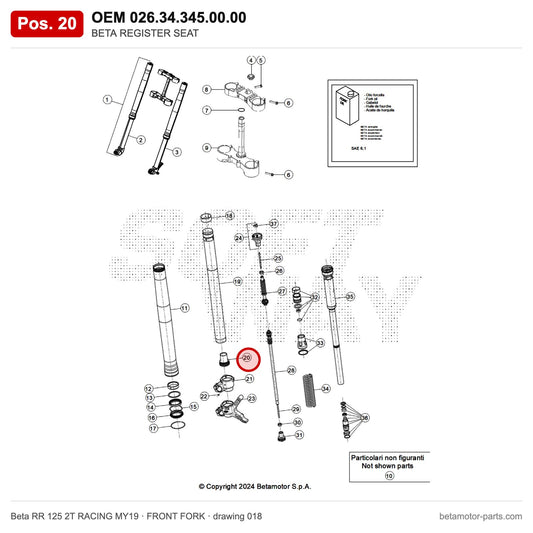 BETA REGISTER SEAT – OEM 026.34.345.00.00, position 20 on the Beta RR 125 2T RACING MY19 front fork drawing