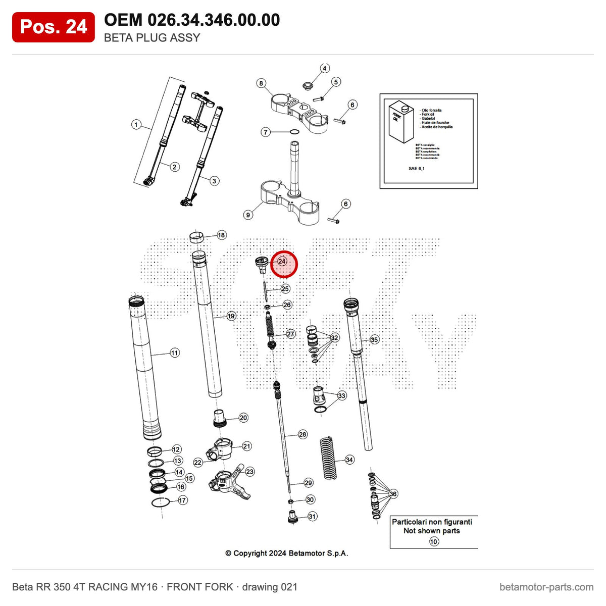 BETA PLUG ASSY – OEM 026.34.346.00.00, position 24 on the Beta RR 350 4T RACING MY16 front fork drawing