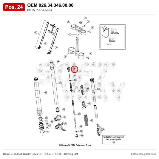 BETA PLUG ASSY – OEM 026.34.346.00.00, position 24 on the Beta RR 350 4T RACING MY16 front fork drawing
