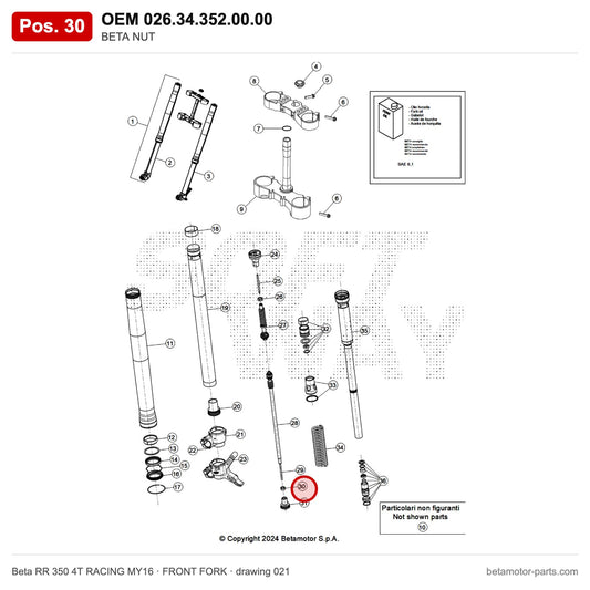 BETA NUT – OEM 026.34.352.00.00, position 30 on the Beta RR 350 4T RACING MY16 front fork drawing