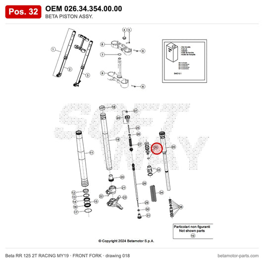 BETA PISTON ASSY. – OEM 026.34.354.00.00, position 32 on the Beta RR 125 2T RACING MY19 front fork drawing