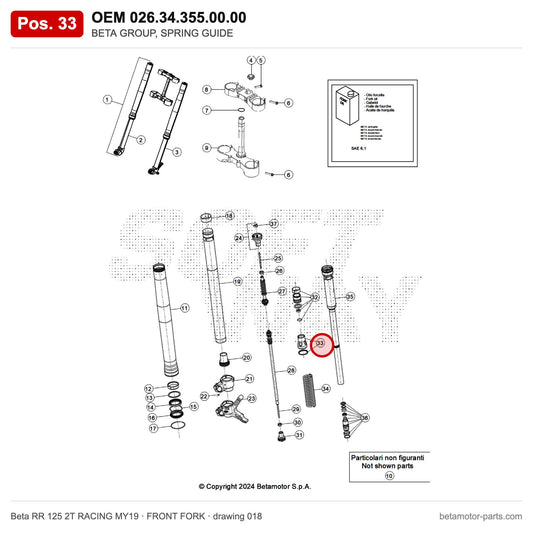 BETA GROUP, SPRING GUIDE – OEM 026.34.355.00.00, position 33 on the Beta RR 125 2T RACING MY19 front fork drawing