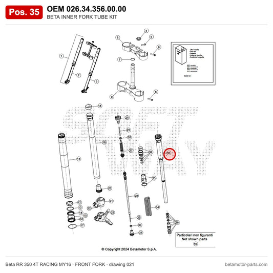 BETA INNER FORK TUBE KIT – OEM 026.34.356.00.00, position 35 on the Beta RR 350 4T RACING MY16 front fork drawing