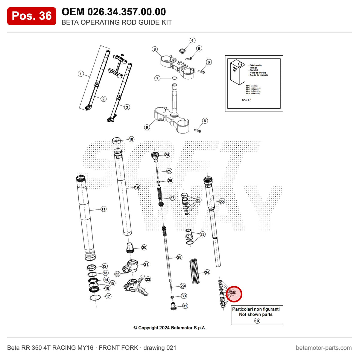 BETA OPERATING ROD GUIDE KIT – OEM 026.34.357.00.00, position 36 on the Beta RR 350 4T RACING MY16 front fork drawing