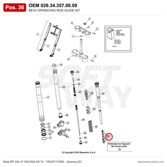 BETA OPERATING ROD GUIDE KIT – OEM 026.34.357.00.00, position 36 on the Beta RR 350 4T RACING MY16 front fork drawing