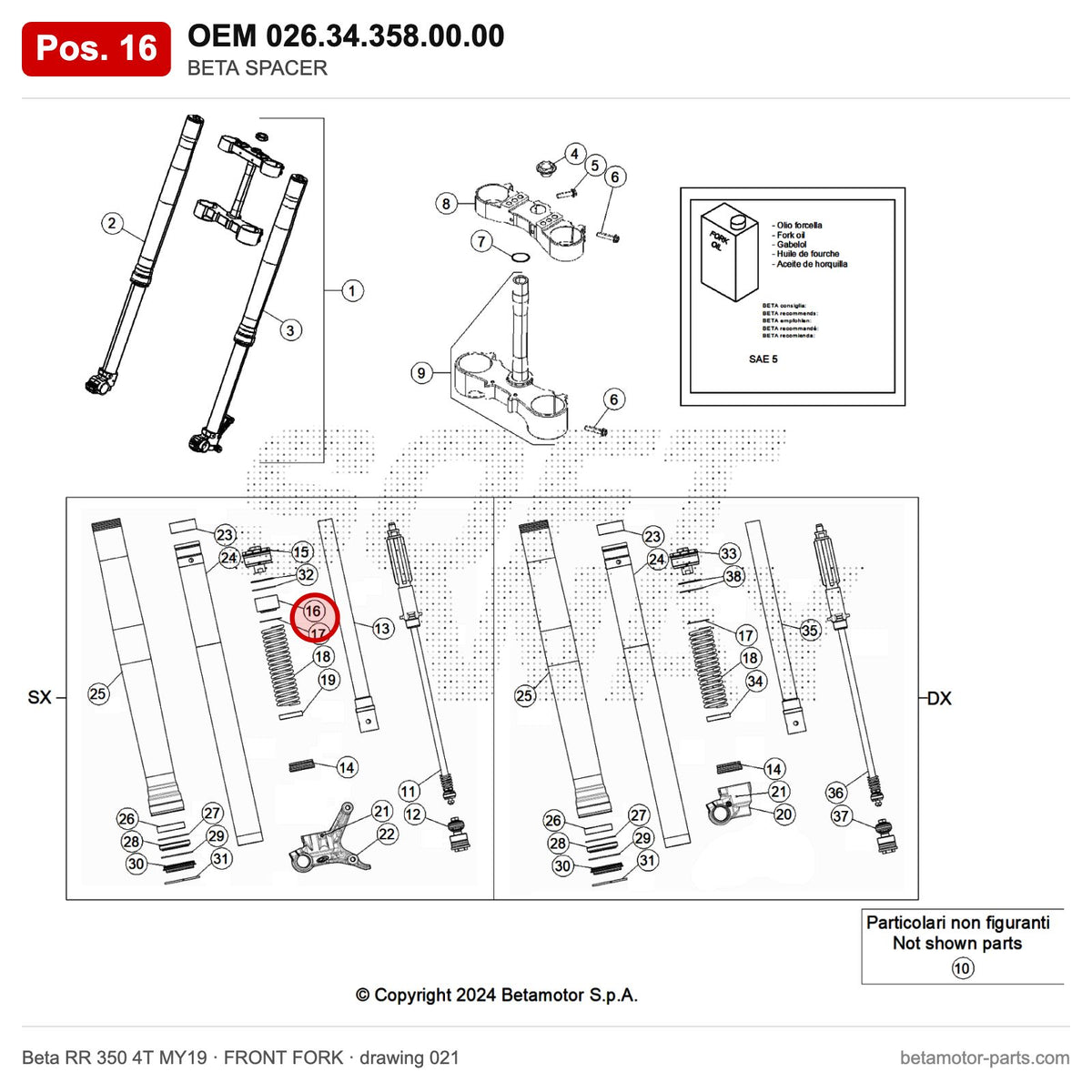 BETA SPACER – OEM 026.34.358.00.00, position 16 on the Beta RR 350 4T MY19 front fork drawing