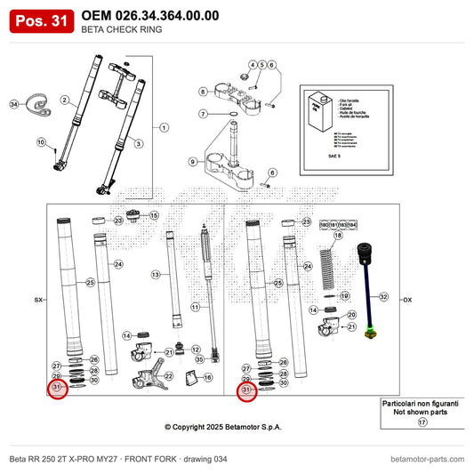 BETA CHECK RING – OEM 026.34.364.00.00, position 31 on the Beta RR 250 2T X-PRO MY27 front fork drawing
