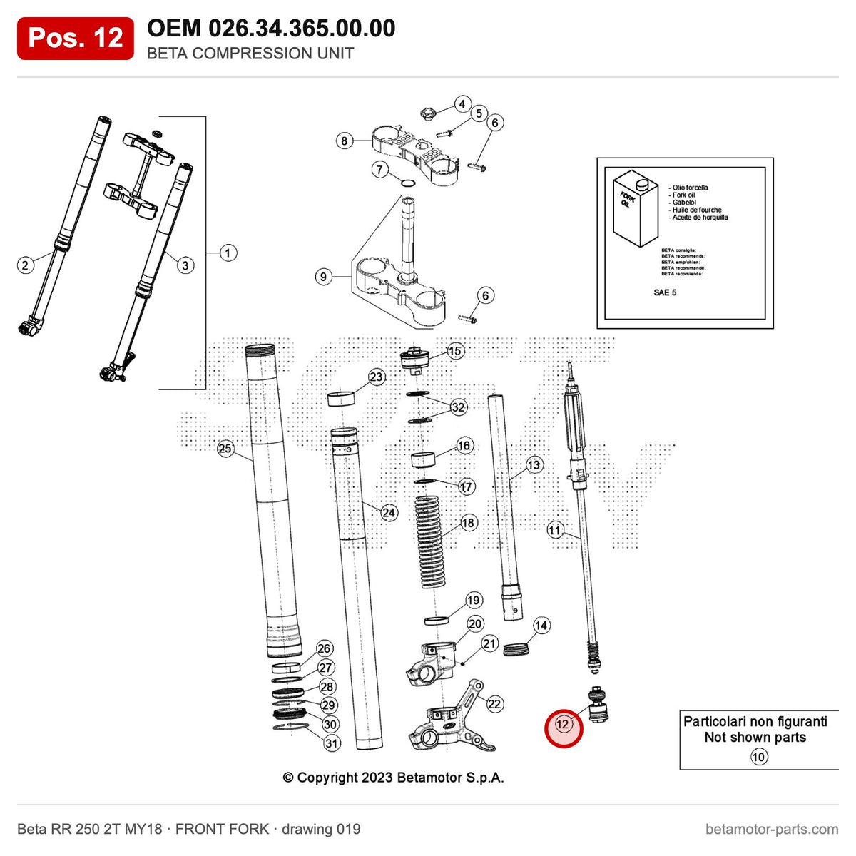 BETA COMPRESSION UNIT – OEM 026.34.365.00.00, position 12 on the Beta RR 250 2T MY18 front fork drawing