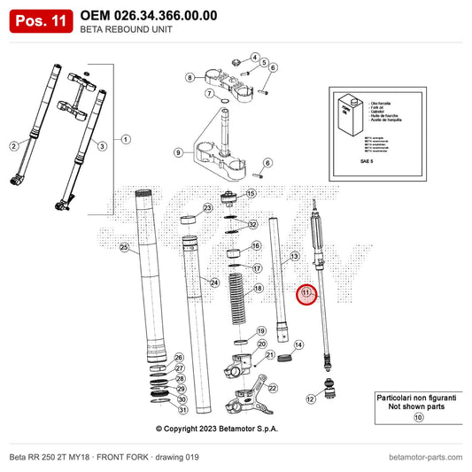 BETA REBOUND UNIT – OEM 026.34.366.00.00, position 11 on the Beta RR 250 2T MY18 front fork drawing