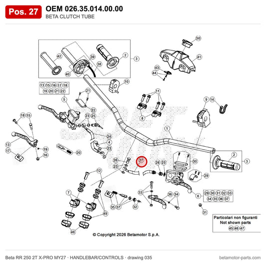 BETA CLUTCH TUBE – OEM 026.35.014.00.00, position 27 on the Beta RR 250 2T X-PRO MY27 handlebar/controls drawing