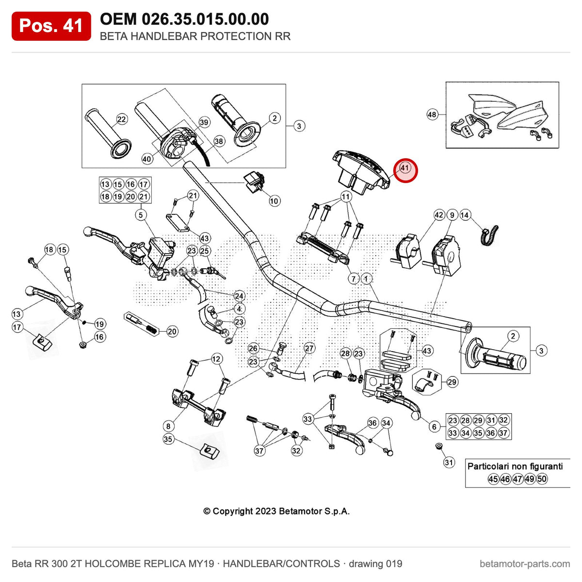 BETA HANDLEBAR PROTECTION RR – OEM 026.35.015.00.00, position 41 on the Beta RR 300 2T HOLCOMBE REPLICA MY19 handlebar/controls drawing