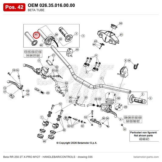 BETA TUBE – OEM 026.35.016.00.00, position 42 on the Beta RR 250 2T X-PRO MY27 handlebar/controls drawing