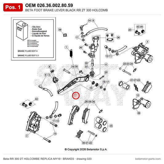 BETA FOOT BRAKE LEVER BLACK RR 2T 300 HOLCOMB – OEM 026.36.002.80.59, position 1 on the Beta RR 300 2T HOLCOMBE REPLICA MY19 brakes drawing
