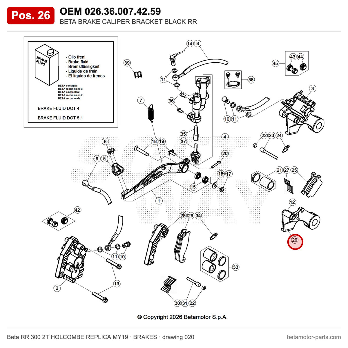 BETA BRAKE CALIPER BRACKET BLACK RR – OEM 026.36.007.42.59, position 26 on the Beta RR 300 2T HOLCOMBE REPLICA MY19 brakes drawing