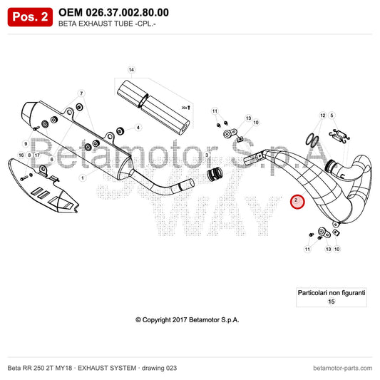 BETA EXHAUST TUBE -CPL.- – OEM 026.37.002.80.00, position 2 on the Beta RR 250 2T MY18 exhaust system drawing