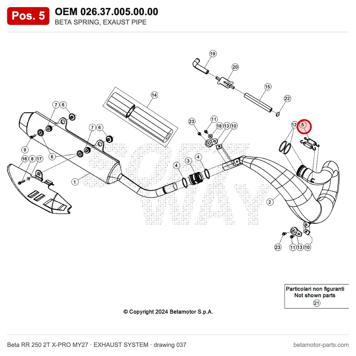 BETA SPRING, EXAUST PIPE – OEM 026.37.005.00.00, position 5 on the Beta RR 250 2T X-PRO MY27 exhaust system drawing