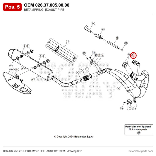 BETA SPRING, EXAUST PIPE – OEM 026.37.005.00.00, position 5 on the Beta RR 250 2T X-PRO MY27 exhaust system drawing