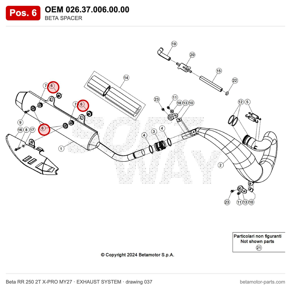 BETA SPACER – OEM 026.37.006.00.00, position 6 on the Beta RR 250 2T X-PRO MY27 exhaust system drawing