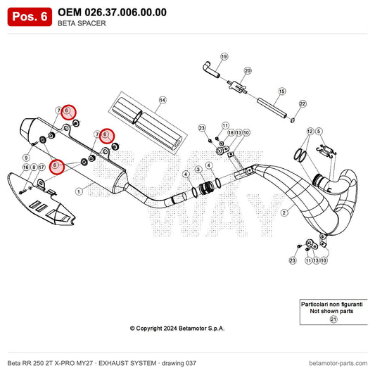 BETA SPACER – OEM 026.37.006.00.00, position 6 on the Beta RR 250 2T X-PRO MY27 exhaust system drawing