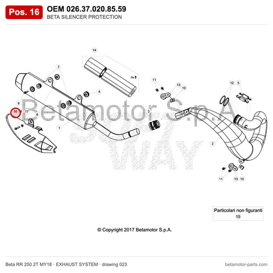 BETA SILENCER PROTECTION – OEM 026.37.020.85.59, position 16 on the Beta RR 250 2T MY18 exhaust system drawing