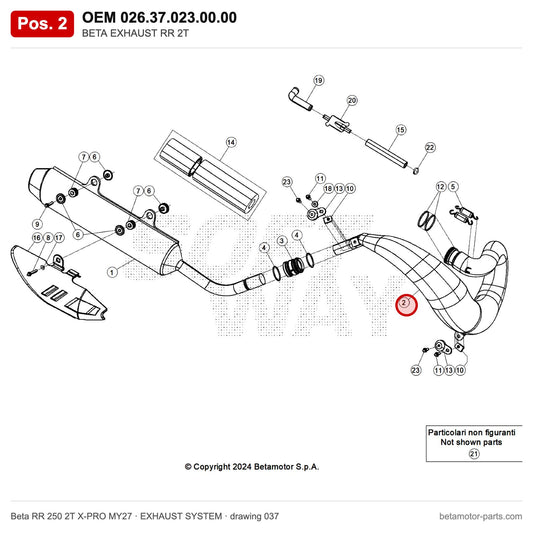 BETA EXHAUST RR 2T – OEM 026.37.023.00.00, position 2 on the Beta RR 250 2T X-PRO MY27 exhaust system drawing