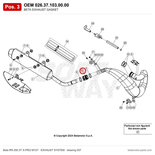 BETA EXHAUST GASKET – OEM 026.37.103.00.00, position 3 on the Beta RR 250 2T X-PRO MY27 exhaust system drawing