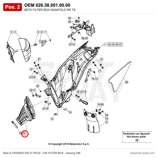 BETA FILTER BOX MANIFOLD RR TS – OEM 026.38.001.00.00, position 2 on the Beta X-TRAINER 250 2T MY22 air filter box drawing
