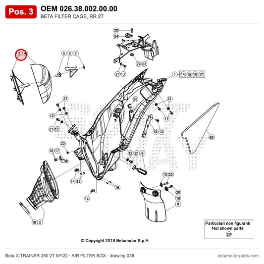 BETA FILTER CAGE, RR 2T – OEM 026.38.002.00.00, position 3 on the Beta X-TRAINER 250 2T MY22 air filter box drawing