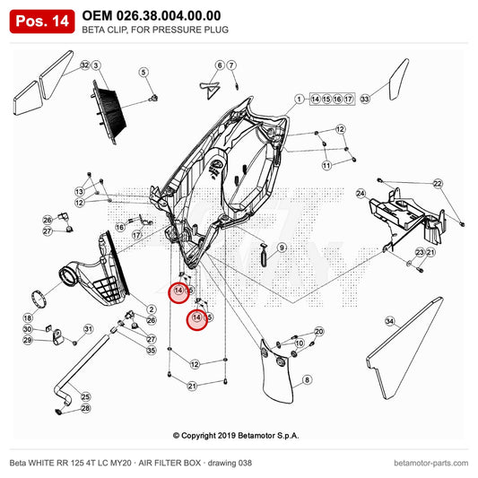 BETA CLIP, FOR PRESSURE PLUG – OEM 026.38.004.00.00, position 14 on the Beta WHITE RR 125 4T LC MY20 air filter box drawing