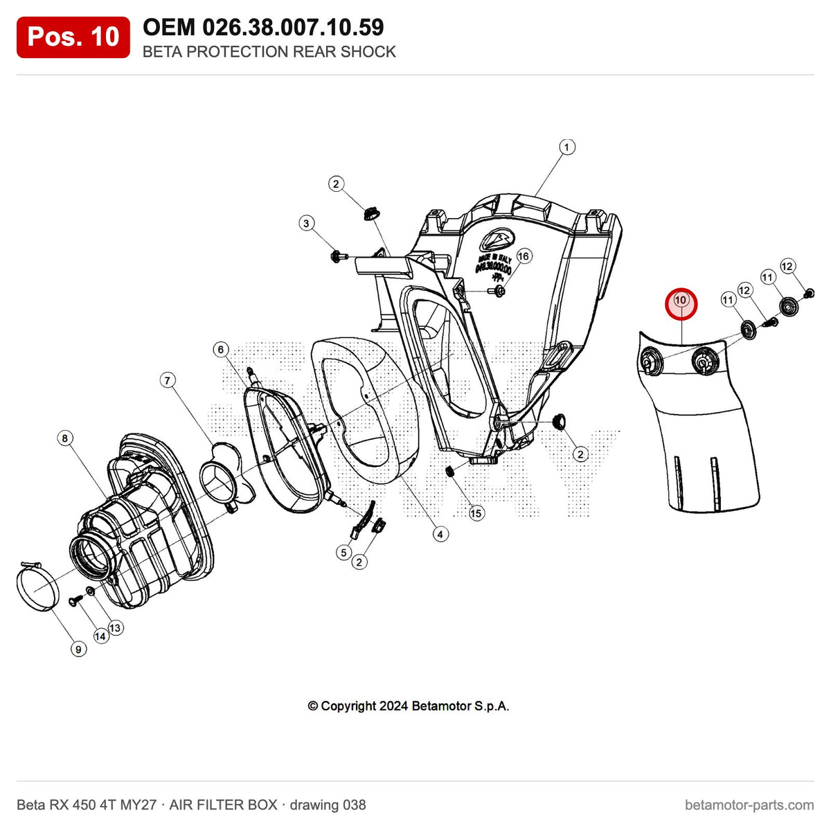 BETA PROTECTION REAR SHOCK – OEM 026.38.007.10.59, position 10 on the Beta RX 450 4T MY27 air filter box drawing
