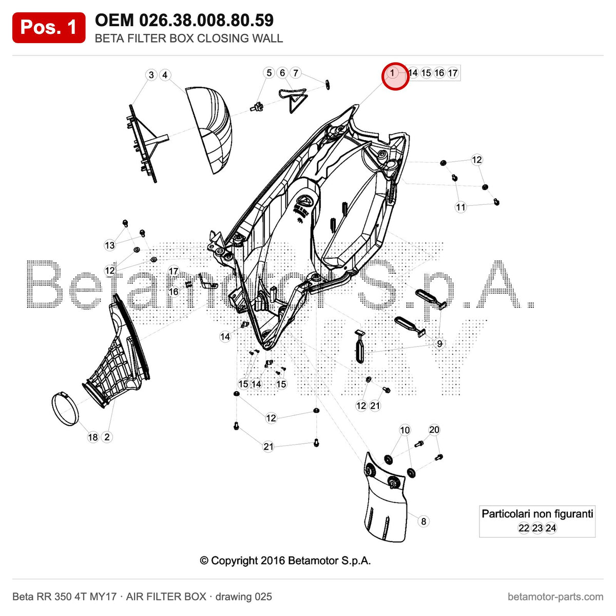 BETA FILTER BOX CLOSING WALL – OEM 026.38.008.80.59, position 1 on the Beta RR 350 4T MY17 air filter box drawing