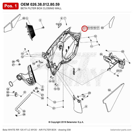 BETA FILTER BOX CLOSING WALL – OEM 026.38.012.80.59, position 1 on the Beta WHITE RR 125 4T LC MY20 air filter box drawing