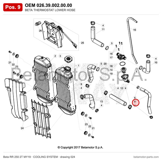 BETA THERMOSTAT LOWER HOSE – OEM 026.39.002.00.00, position 9 on the Beta RR 250 2T MY19 cooling system drawing