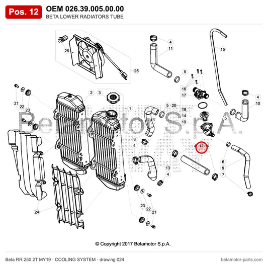 BETA LOWER RADIATORS TUBE – OEM 026.39.005.00.00, position 12 on the Beta RR 250 2T MY19 cooling system drawing