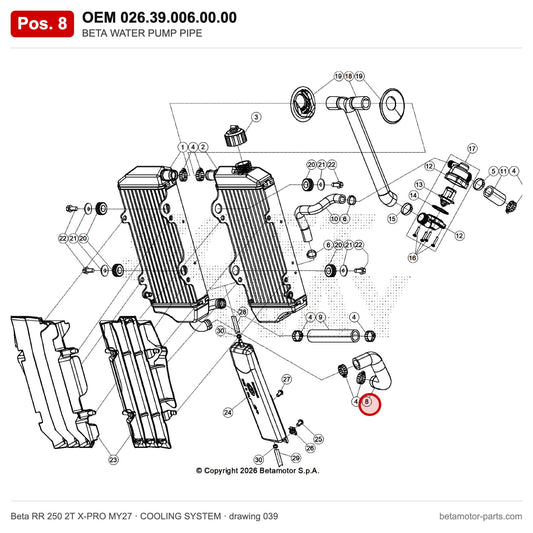 BETA WATER PUMP PIPE – OEM 026.39.006.00.00, position 8 on the Beta RR 250 2T X-PRO MY27 cooling system drawing