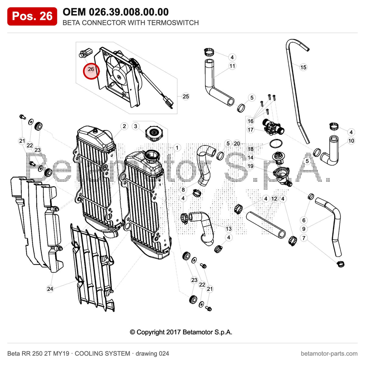 BETA CONNECTOR WITH TERMOSWITCH – OEM 026.39.008.00.00, position 26 on the Beta RR 250 2T MY19 cooling system drawing