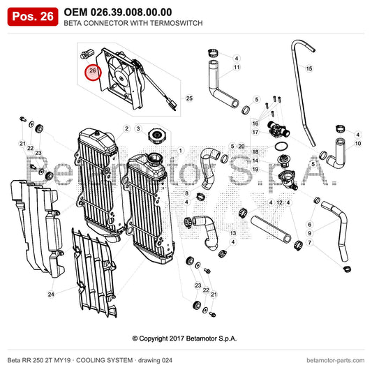 BETA CONNECTOR WITH TERMOSWITCH – OEM 026.39.008.00.00, position 26 on the Beta RR 250 2T MY19 cooling system drawing
