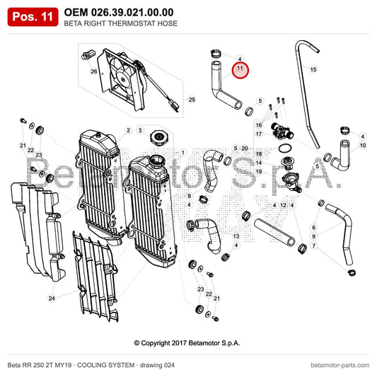 BETA RIGHT THERMOSTAT HOSE – OEM 026.39.021.00.00, position 11 on the Beta RR 250 2T MY19 cooling system drawing