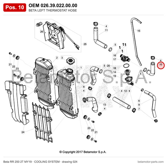 BETA LEFT THERMOSTAT HOSE – OEM 026.39.022.00.00, position 10 on the Beta RR 250 2T MY19 cooling system drawing