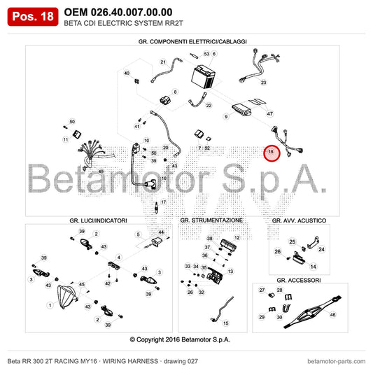 BETA CDI ELECTRIC SYSTEM RR2T – OEM 026.40.007.00.00, position 18 on the Beta RR 300 2T RACING MY16 wiring harness drawing