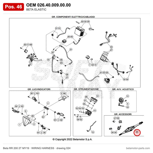 BETA ELASTIC – OEM 026.40.009.00.00, position 46 on the Beta RR 200 2T MY19 wiring harness drawing