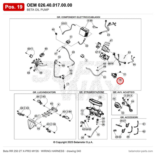 BETA OIL PUMP – OEM 026.40.017.00.00, position 19 on the Beta RR 250 2T X-PRO MY26 wiring harness drawing