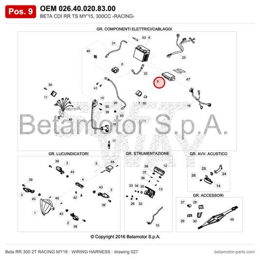 BETA CDI RR TS MY'15, 300CC -RACING- – OEM 026.40.020.83.00, position 9 on the Beta RR 300 2T RACING MY16 wiring harness drawing