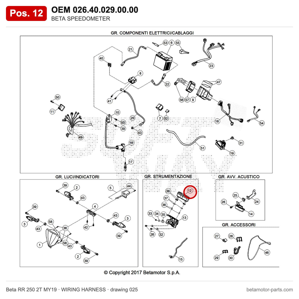 BETA SPEEDOMETER – OEM 026.40.029.00.00, position 12 on the Beta RR 250 2T MY19 wiring harness drawing
