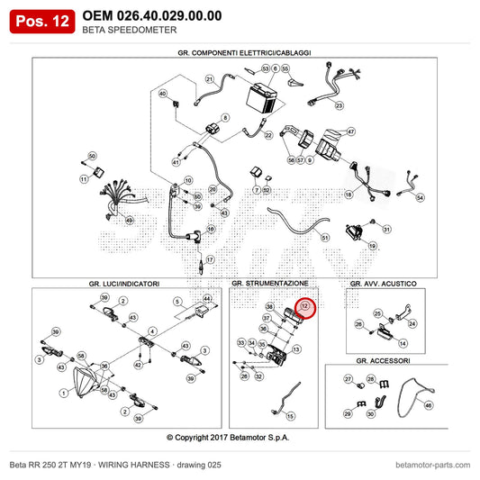 BETA SPEEDOMETER – OEM 026.40.029.00.00, position 12 on the Beta RR 250 2T MY19 wiring harness drawing